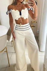 Bow short top wide leg pant suit